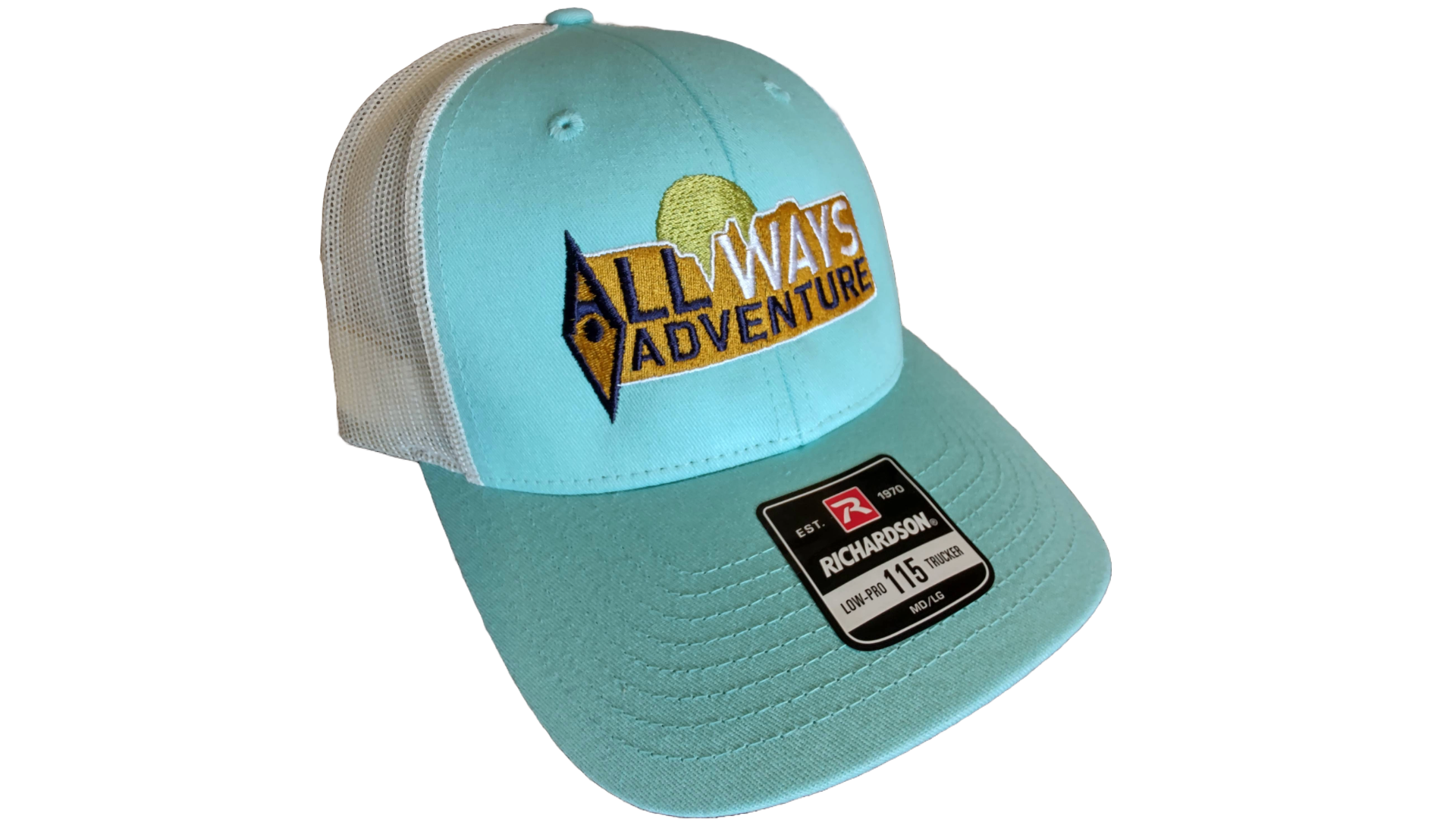 A teal and white trucker hat with the "ALL WAYS ADVENTURE" logo embroidered on the front.