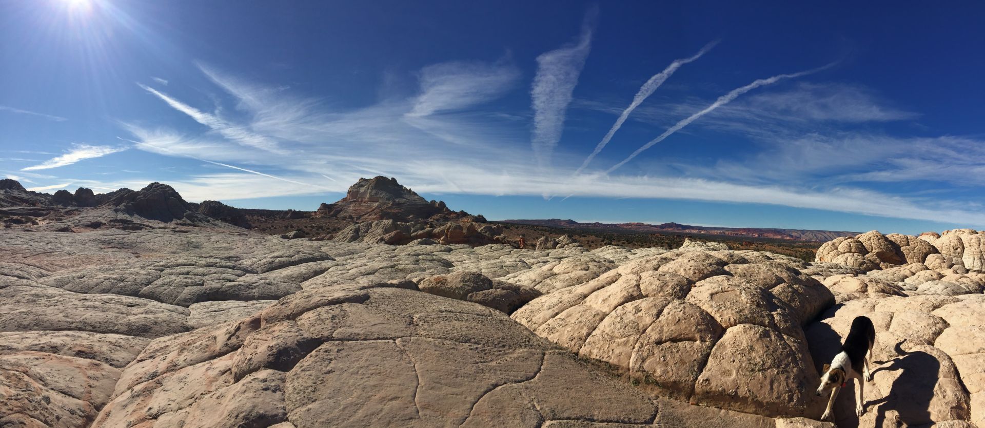 A person explores a rocky, white desert landscape under a blue sky with contrails.