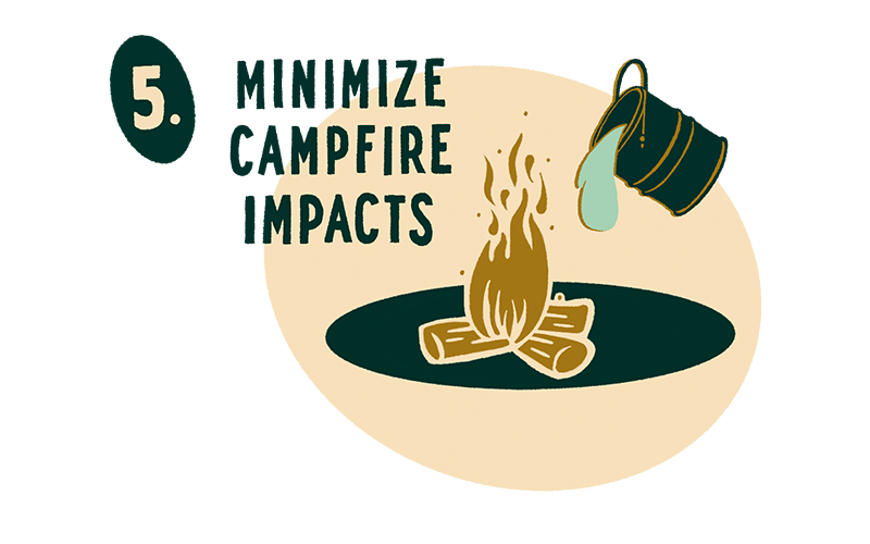 Number 5: A campfire is being extinguished with water from a bucket. Text: Minimize campfire impacts.