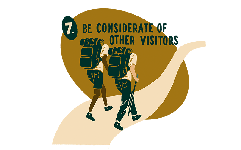 Two hikers with backpacks on a trail, following the rule: 