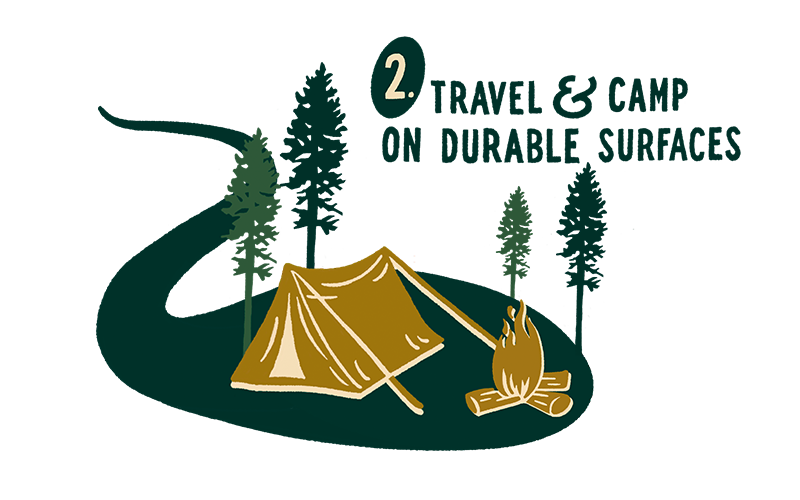 Camping scene: tent, fire, trees, and a road, emphasizing durable surfaces for travel.