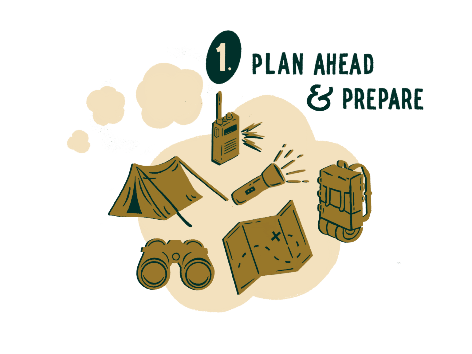 Plan ahead and prepare: illustrations of camping gear including a tent, backpack, map, and flashlight.