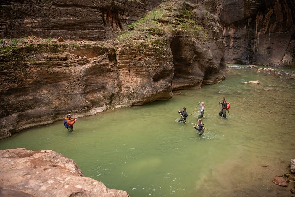 Hikers wade through turquoise water in a narrow canyon with sandstone walls.
