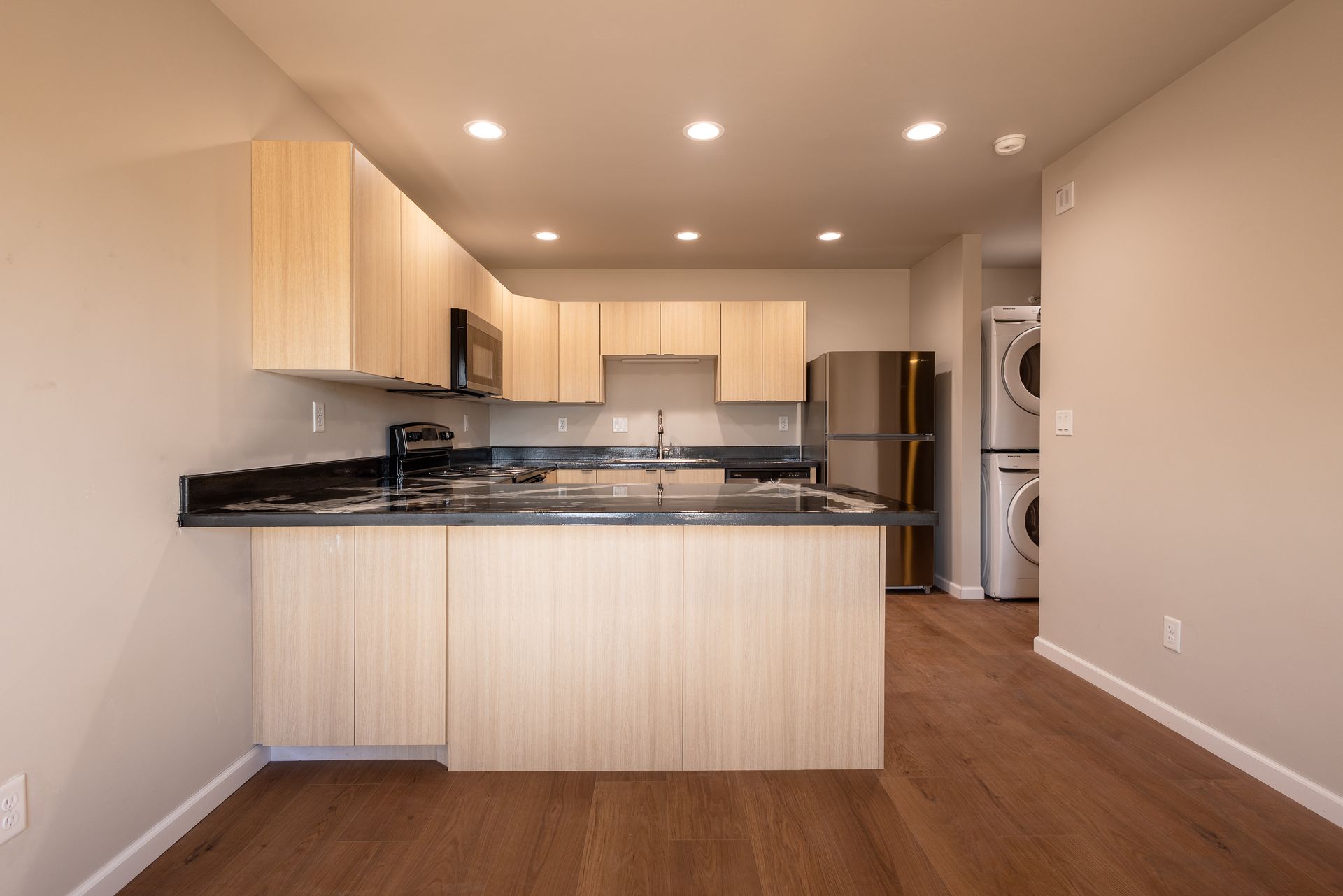 Modern kitchen with light wood cabinets, stainless steel appliances, and dark countertops