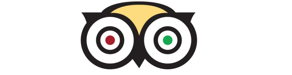 Tripadvisor logo: a stylized owl with black outlines, yellow head, and eyes with a red and a green dot.