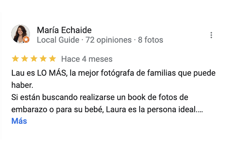 Una reseña de 5 estrellas que dice: "Lau es lo mas! La mejor fotografa de familias que puede haber"
