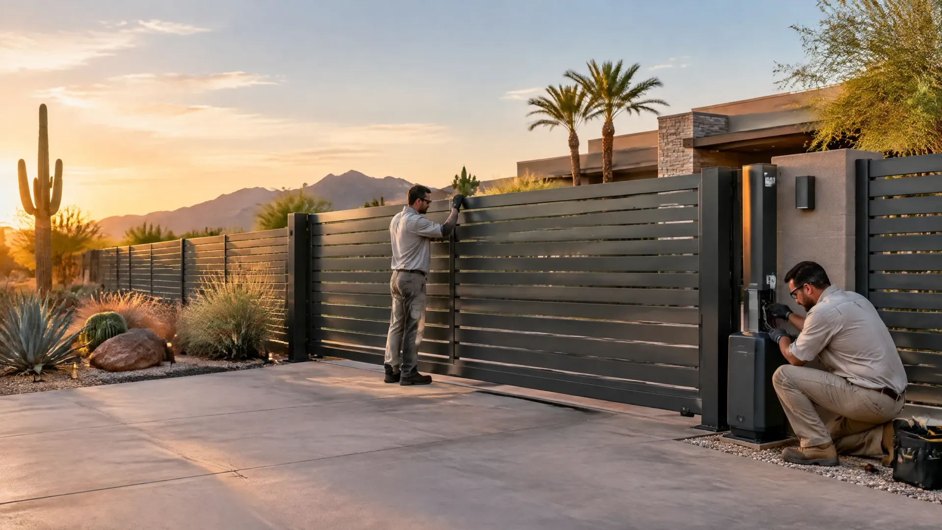 Two workers installing a modern metal gate at a desert home during sunset