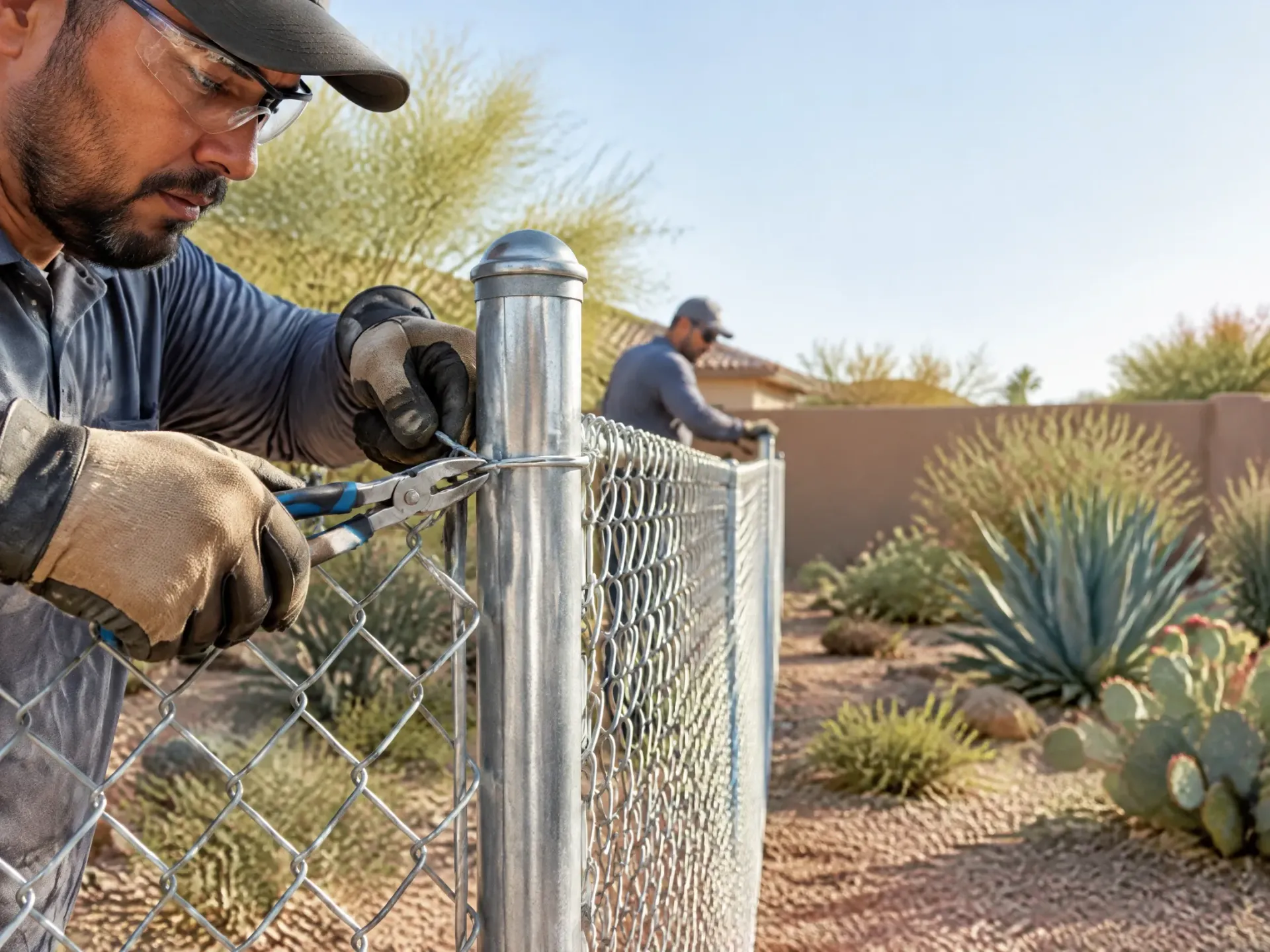 Worker installing chain-link fence in a desert garden with cacti and shrubs