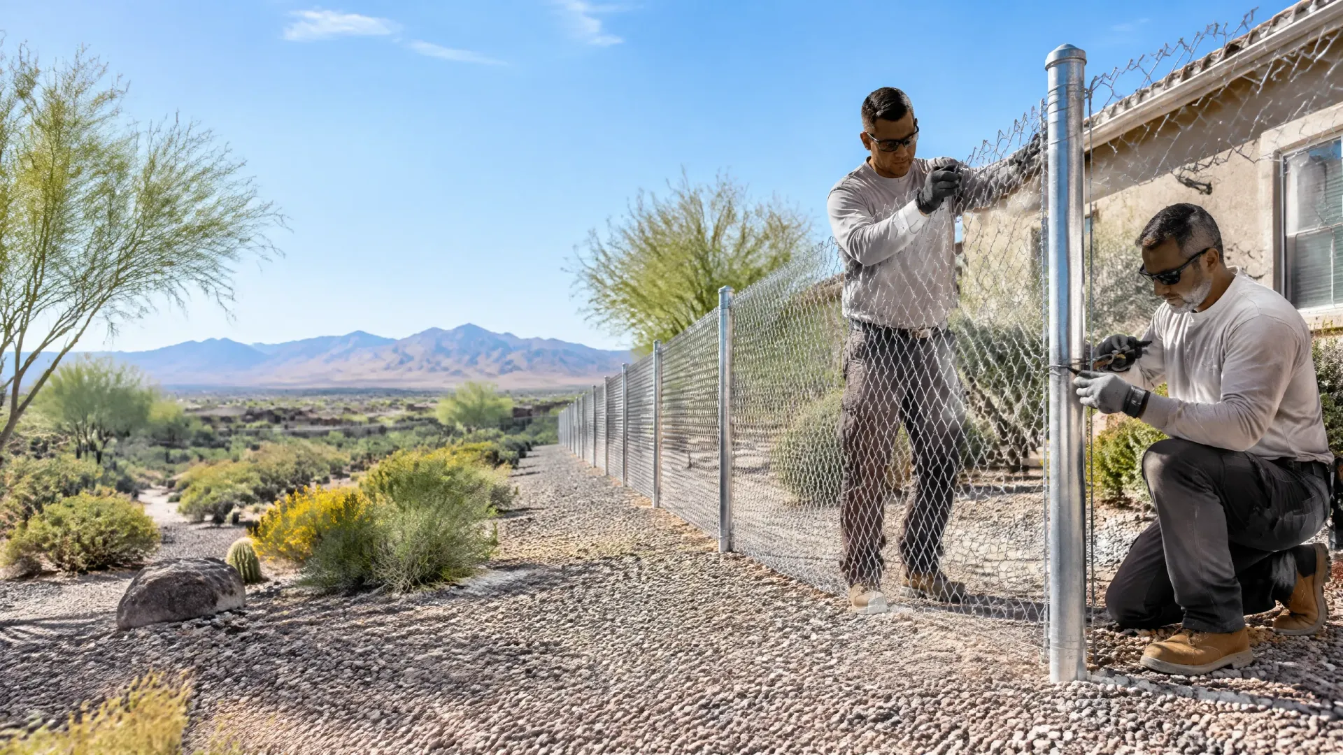 Two workers installing wire fencing along a gravel path in a desert landscape.
