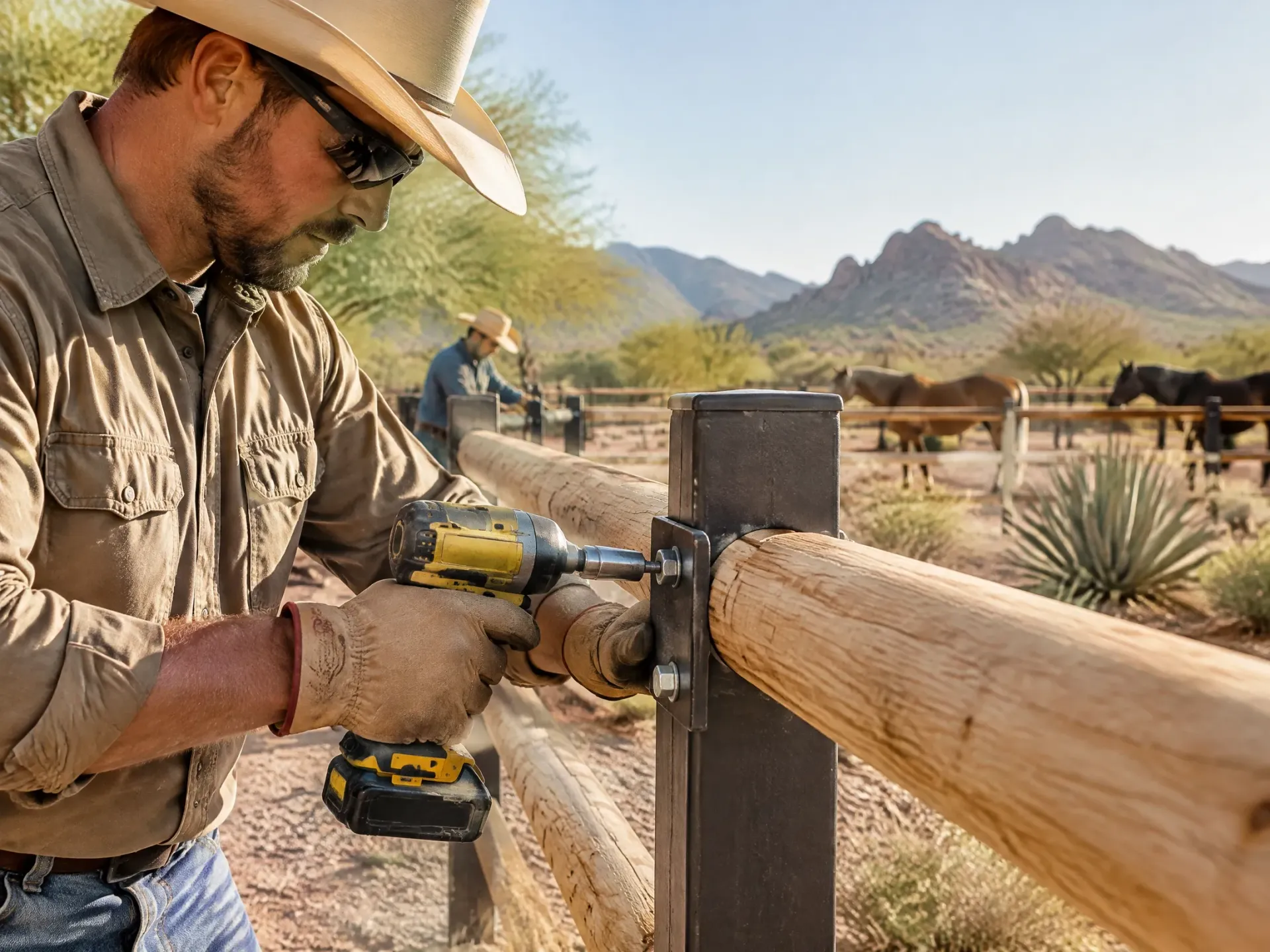 Worker drilling a wooden fence rail outdoors in a desert landscape with mountains in the background