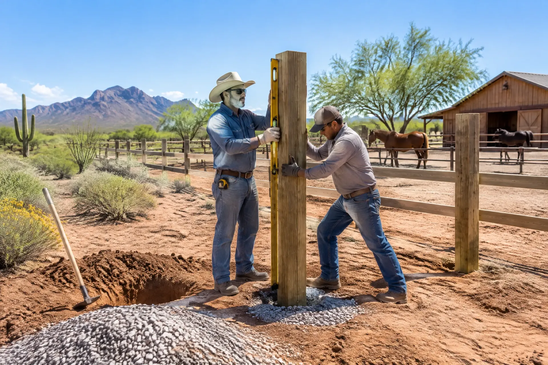 Two workers installing a wooden fence post in a desert ranch landscape with mountains in the background