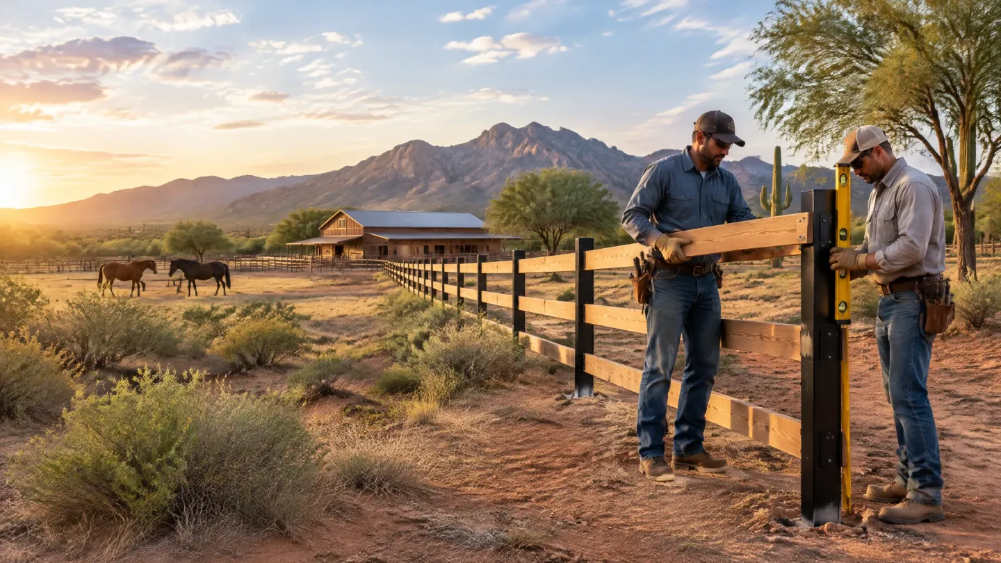 Two people by a wooden fence at sunset on a ranch with horses and mountains in the background