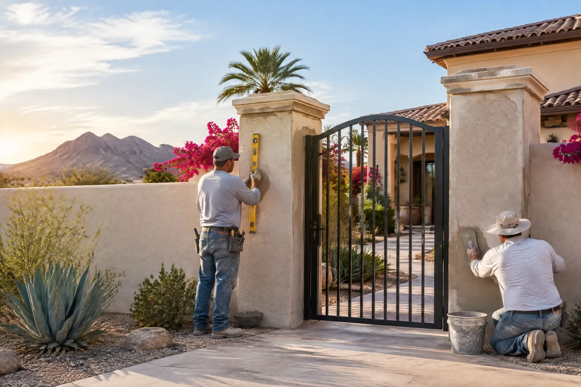 Two workers install a gate between stucco pillars outside a desert home at sunset.