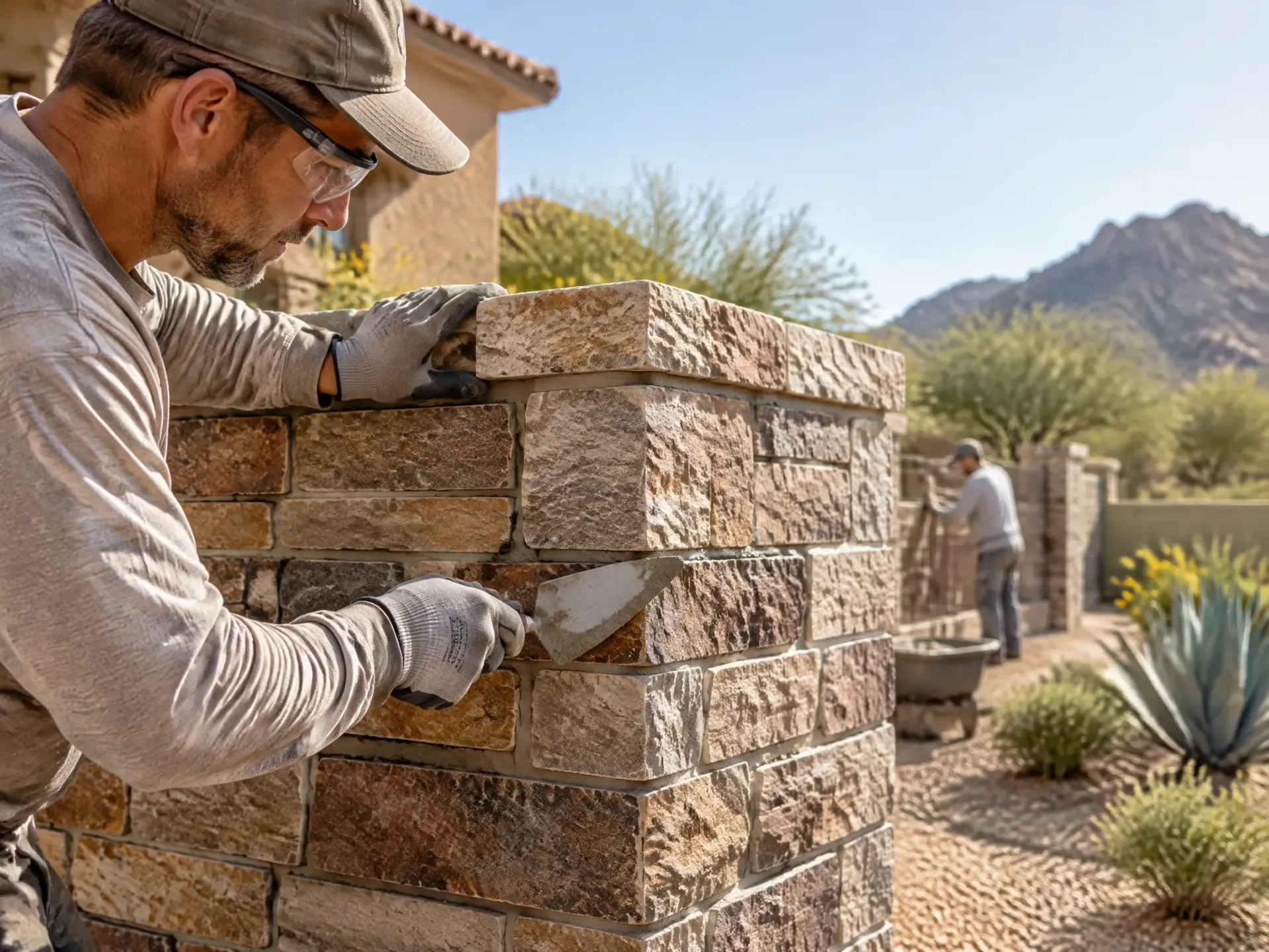 Worker stacking stone blocks on a desert wall near agave plants and mountains