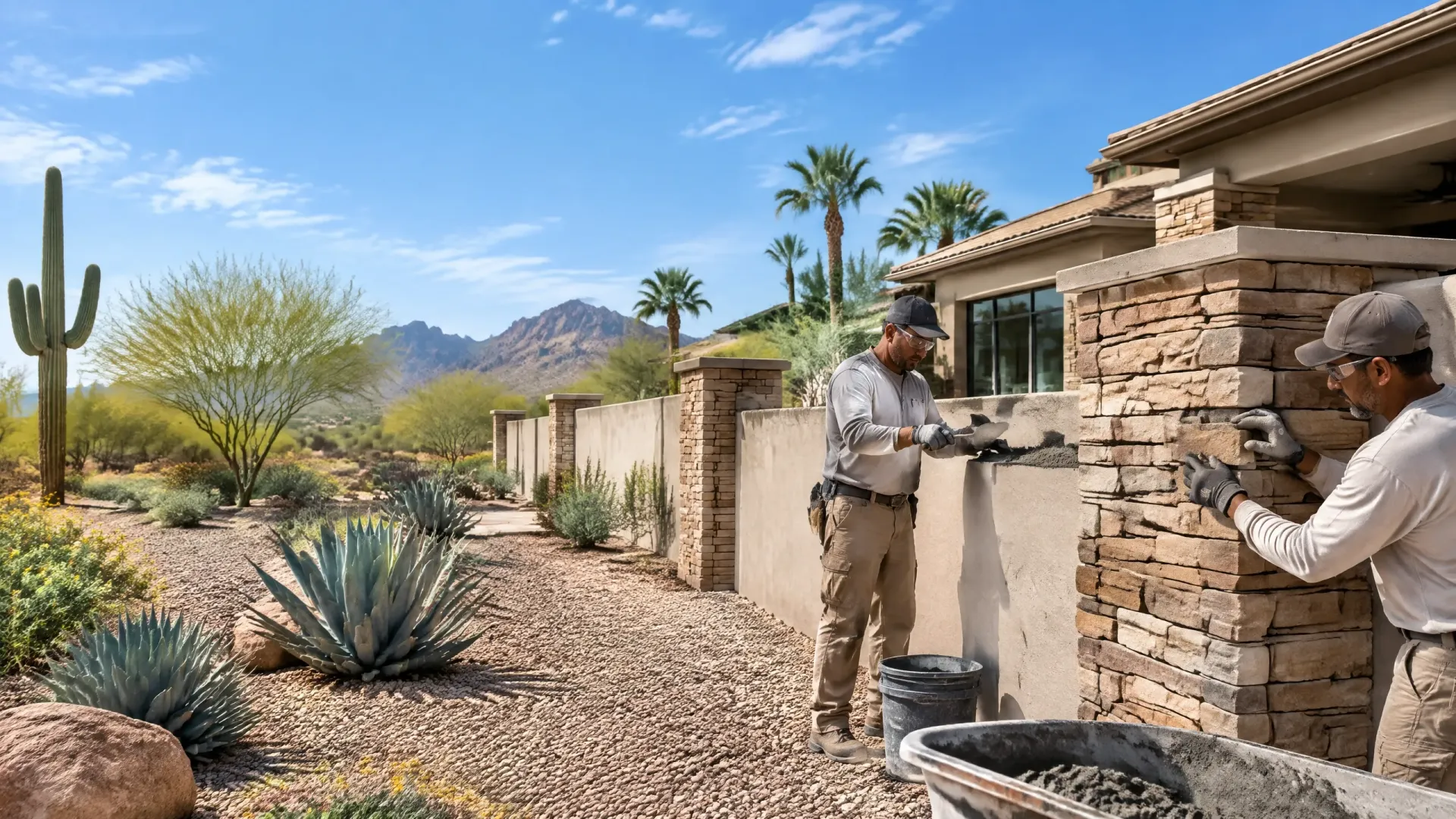 Landscapers repairing a stone wall beside a desert home with cacti and mountains in the background