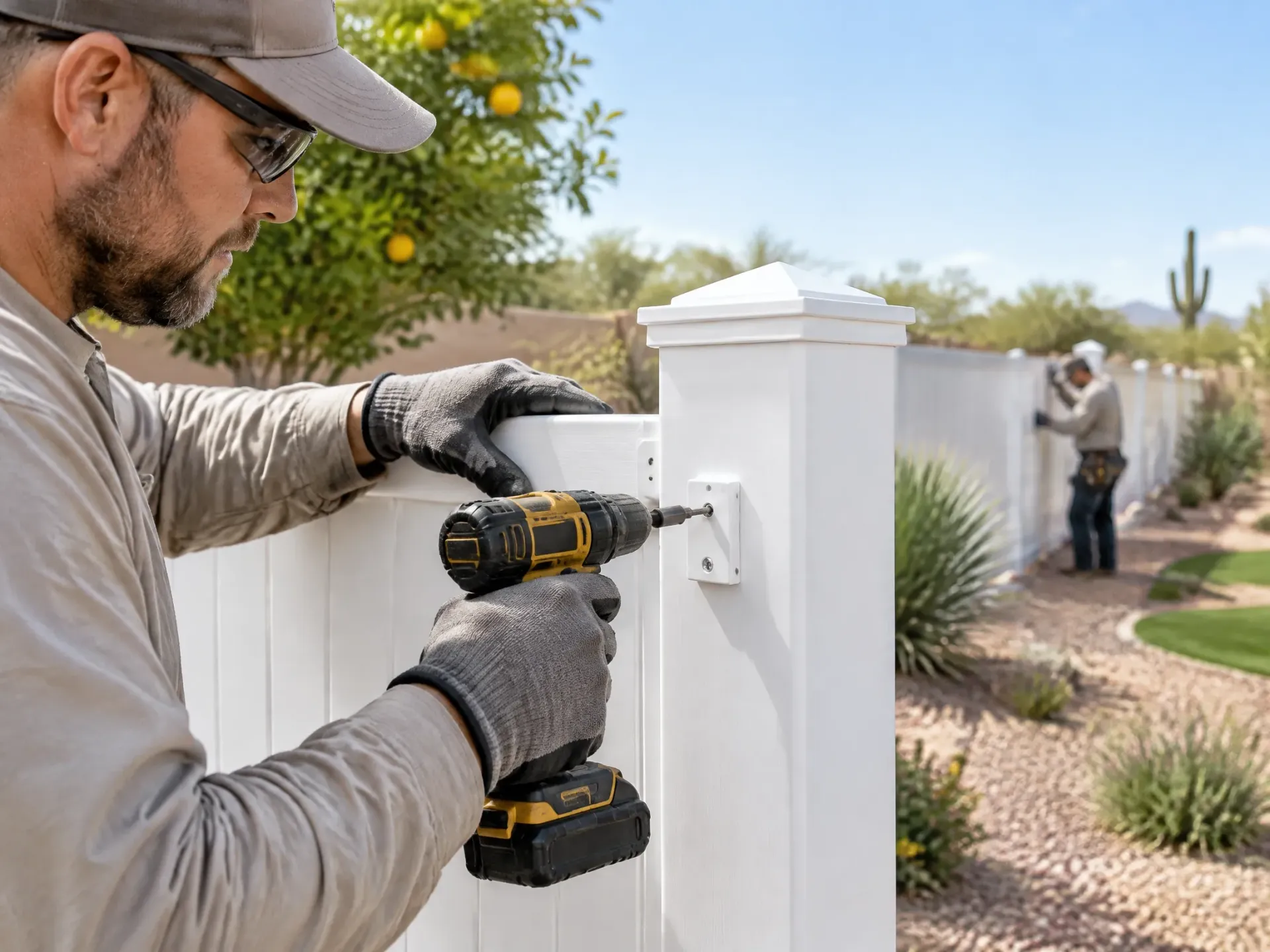 Worker drilling a white fence post beside a desert yard, with another person in the background