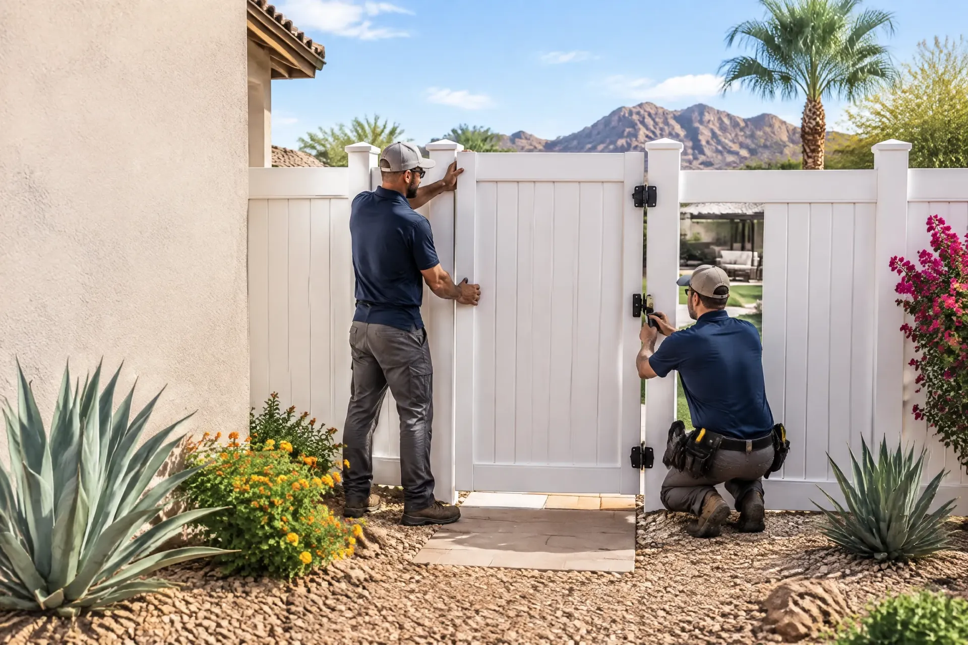 Two workers install a white gate in a desert-style front yard.