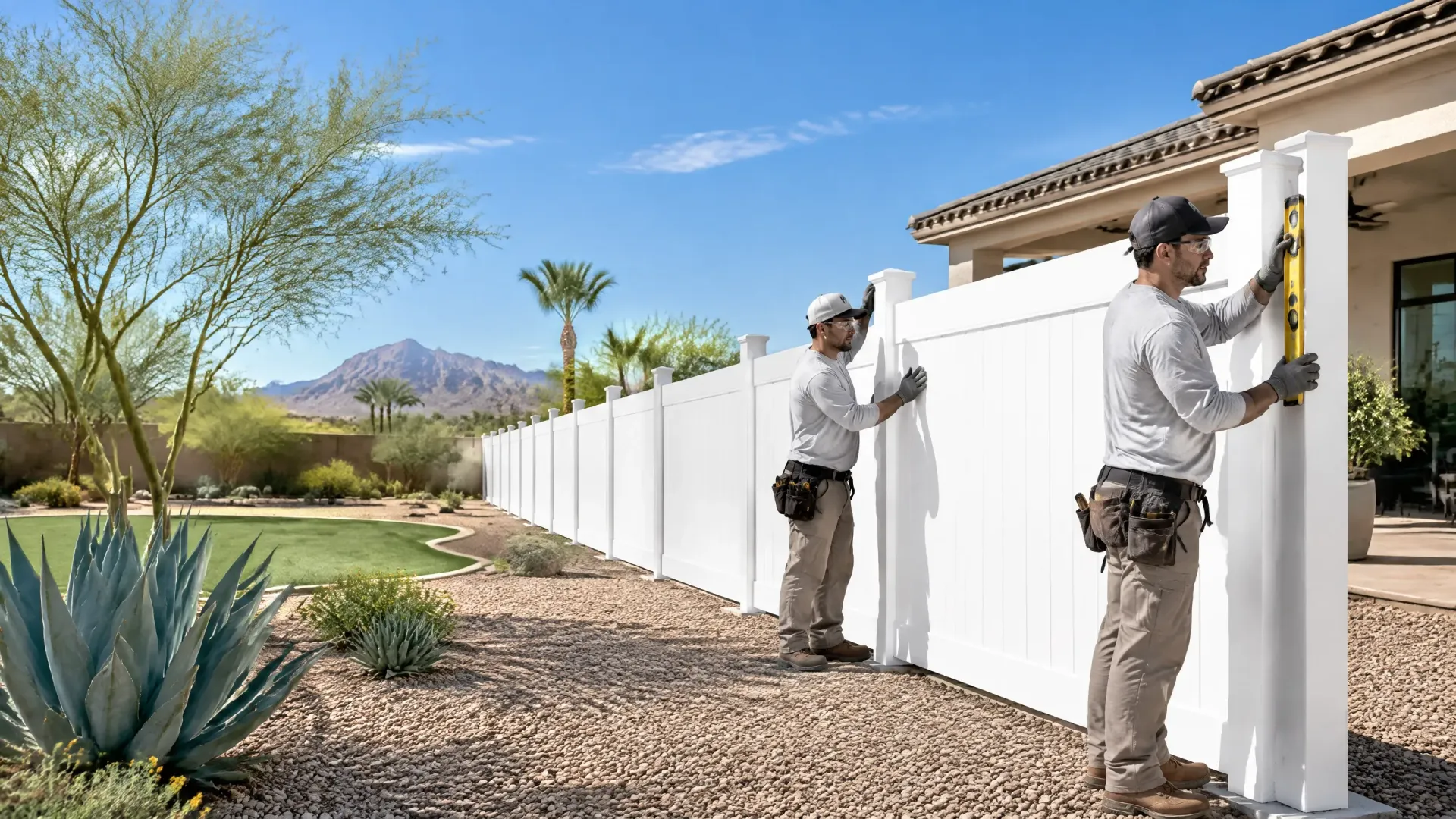 Two workers installing a white fence beside a desert yard with agave, palm trees, and mountains.