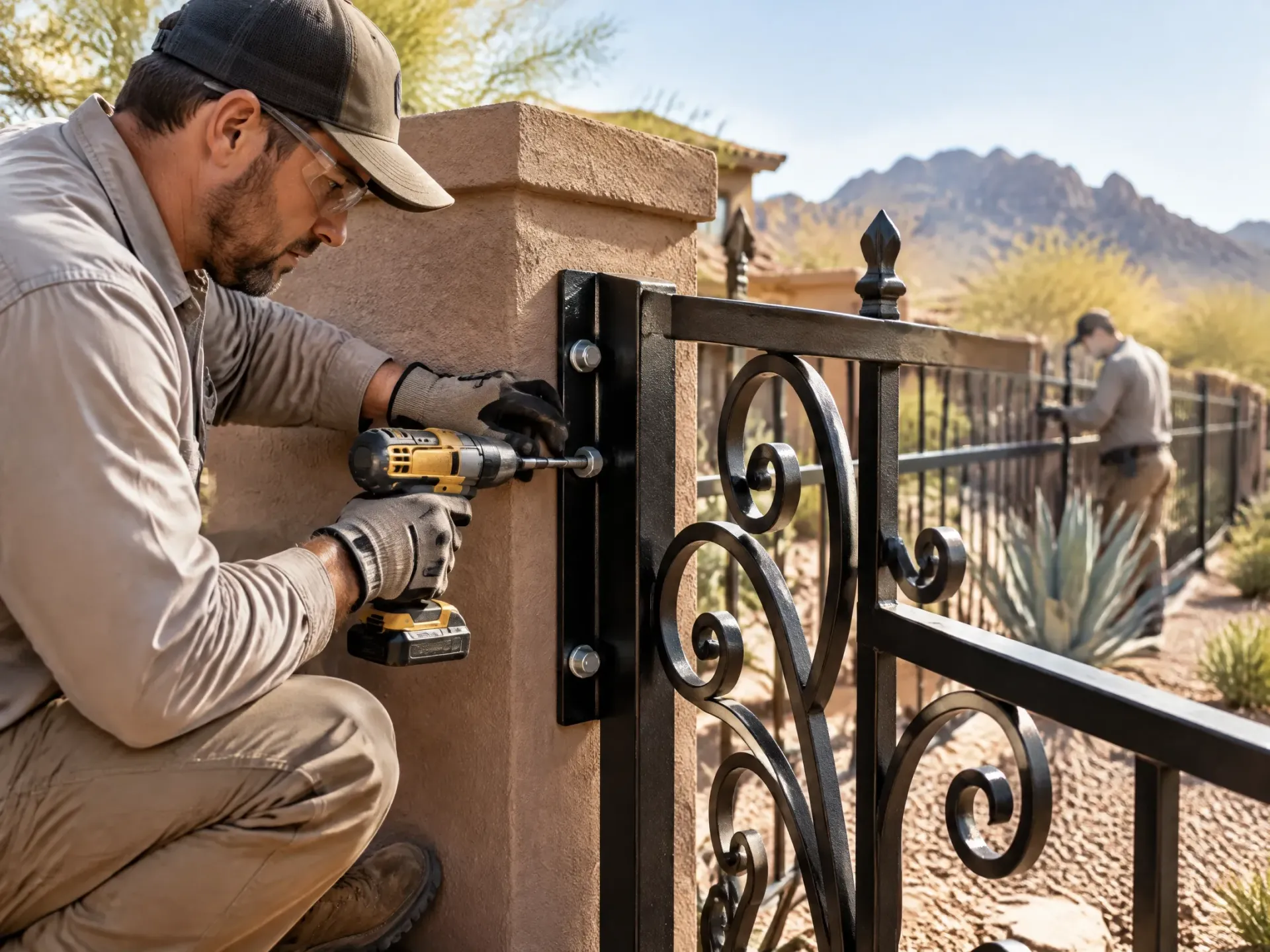 Worker installing a black metal gate on a stucco fence in a desert home yard