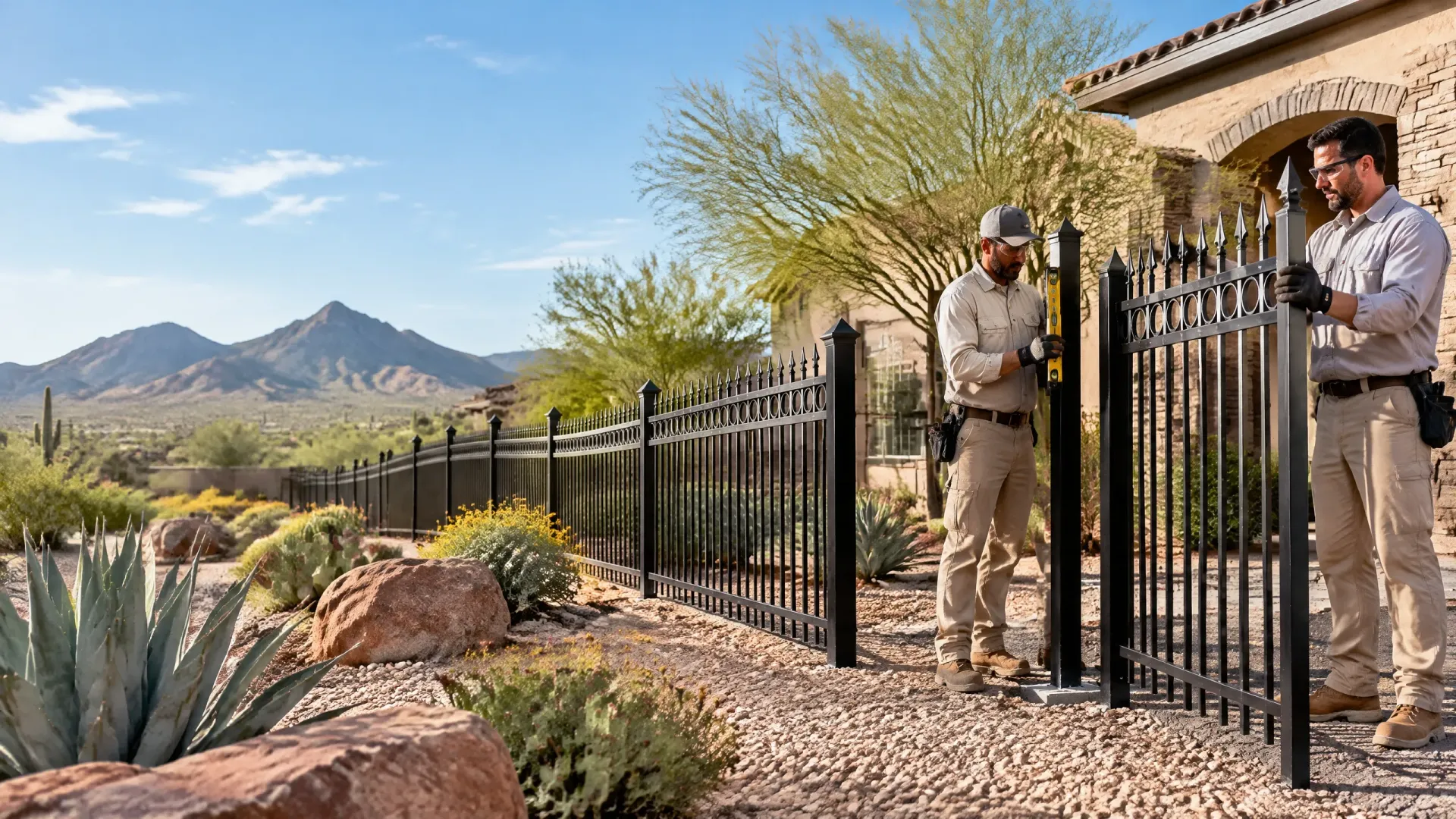 Two men opening a black iron gate in a desert yard with mountains and cacti in the background