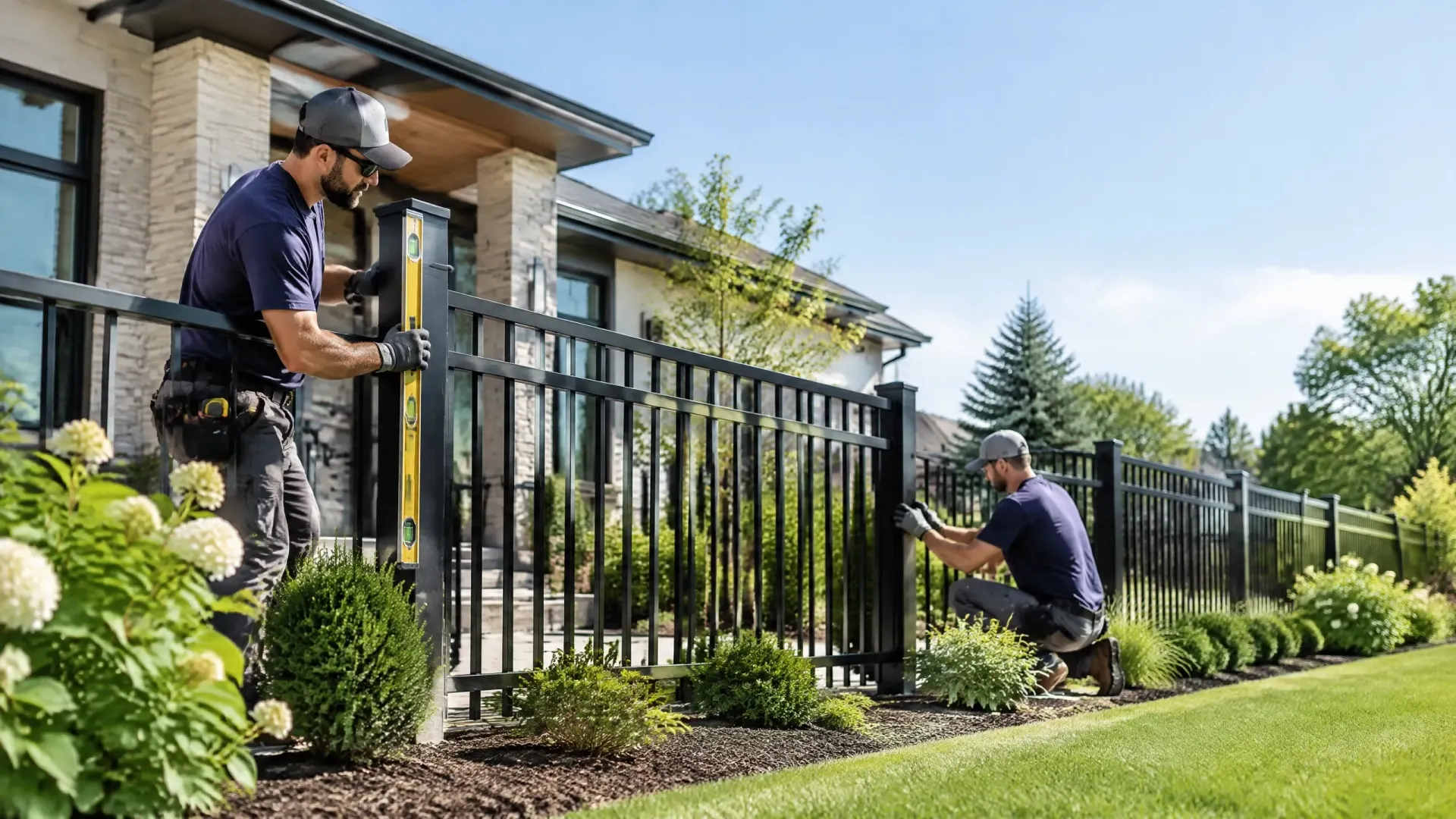 Two workers trimming a black metal fence beside a landscaped yard on a sunny day