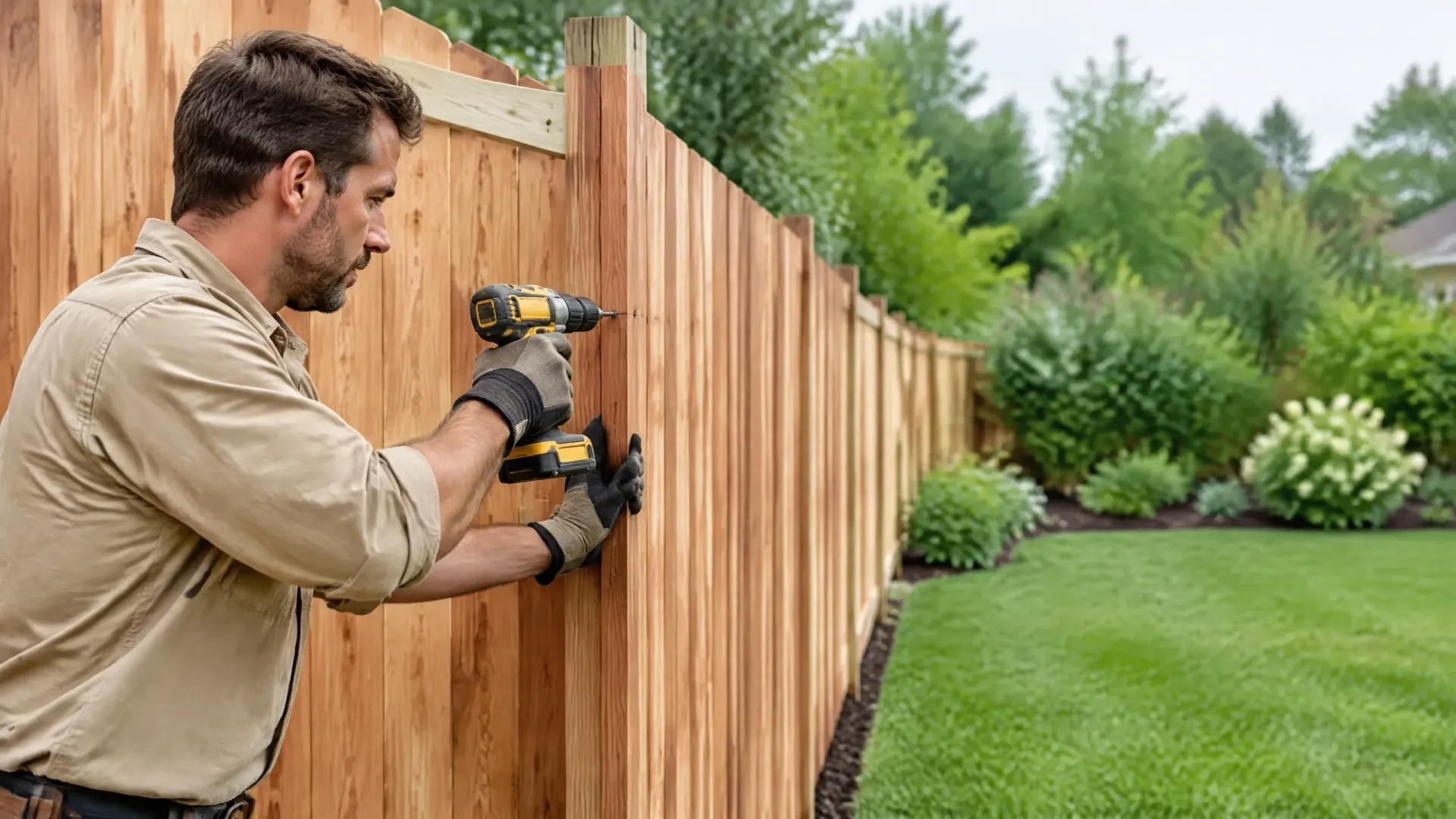 Man using a drill to attach wooden fence boards in a lush backyard garden