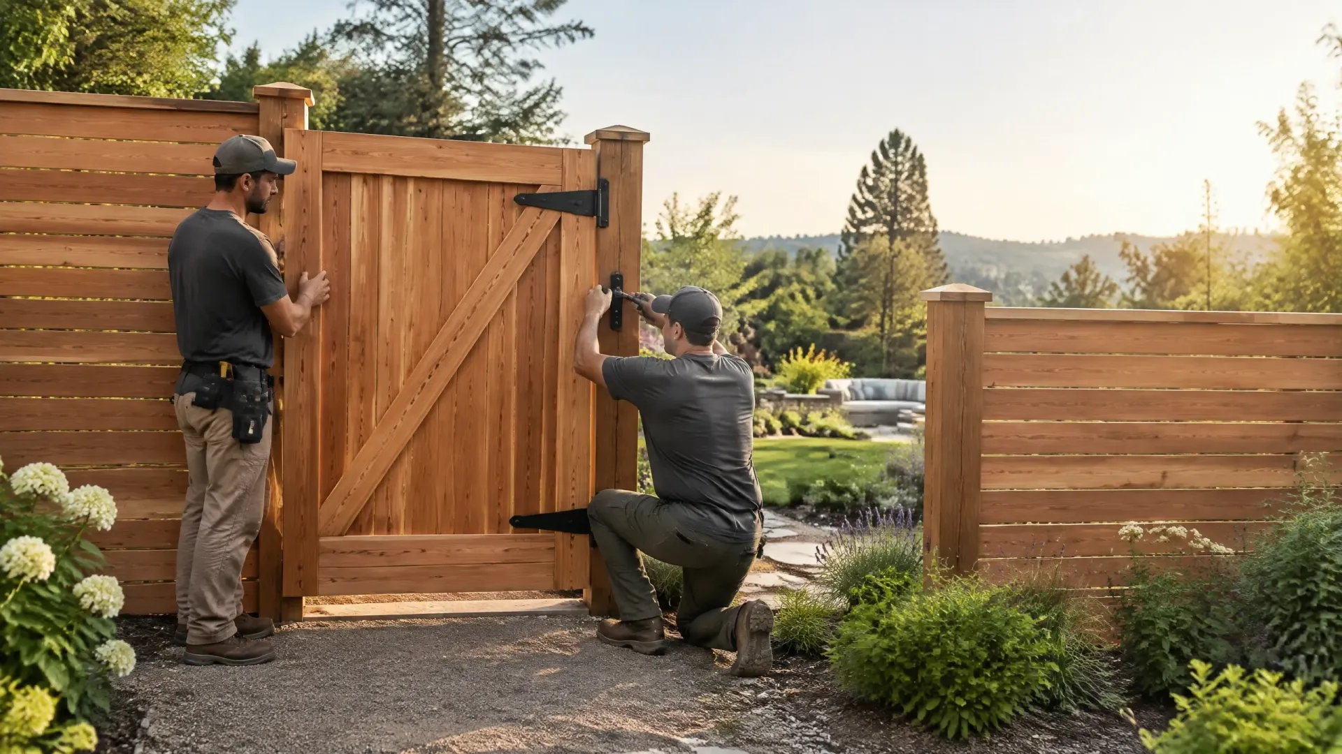 Two workers installing a wooden gate in a sunlit garden fence