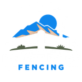 Blue mountain and sun logo above the word “FENCING” with small shrubs underneath