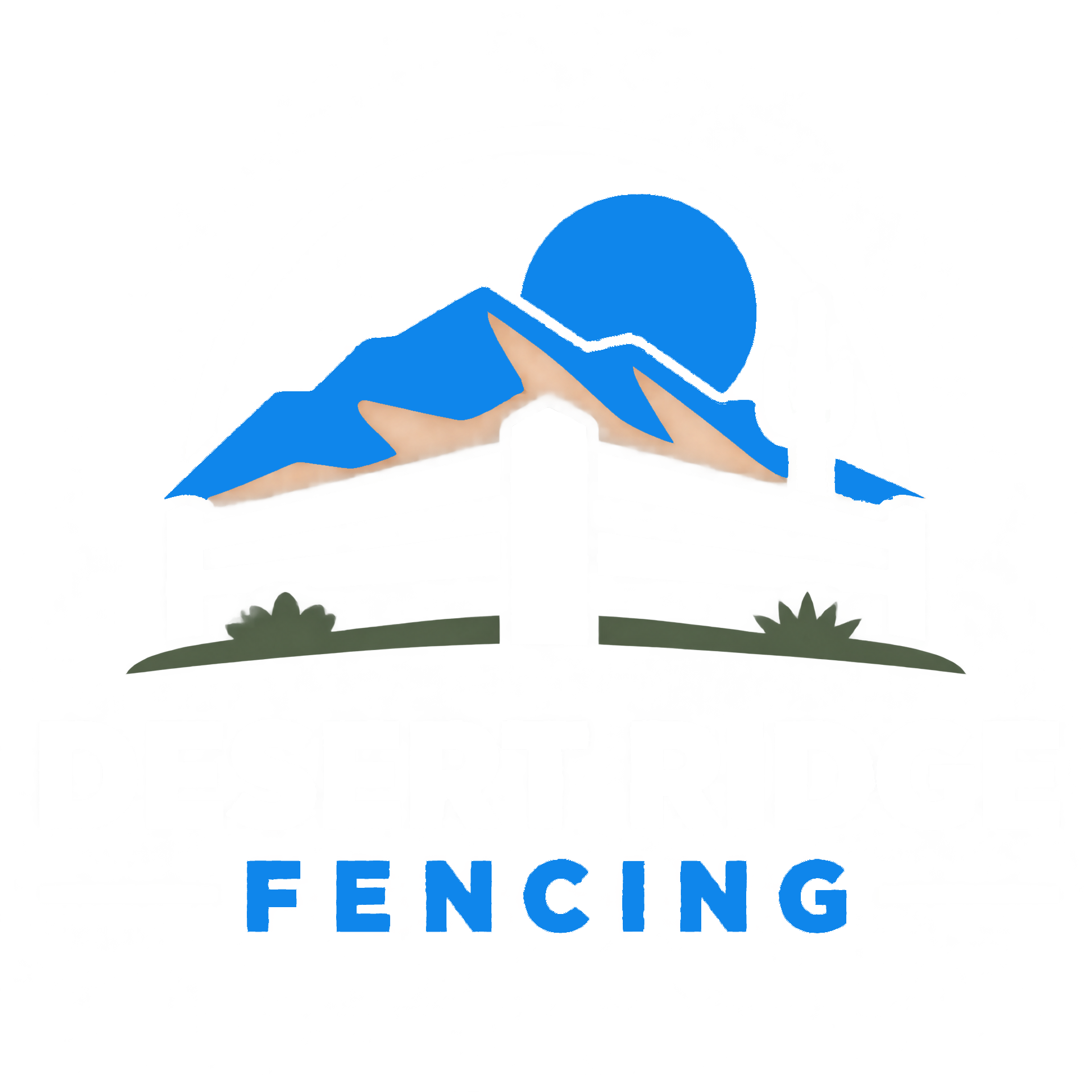Blue mountain and sun logo above the word “FENCING” with small shrubs underneath