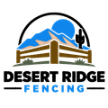 Desert Ridge Fencing logo with mountains, blue sun, cactus, and brown fence in black, blue, and tan.