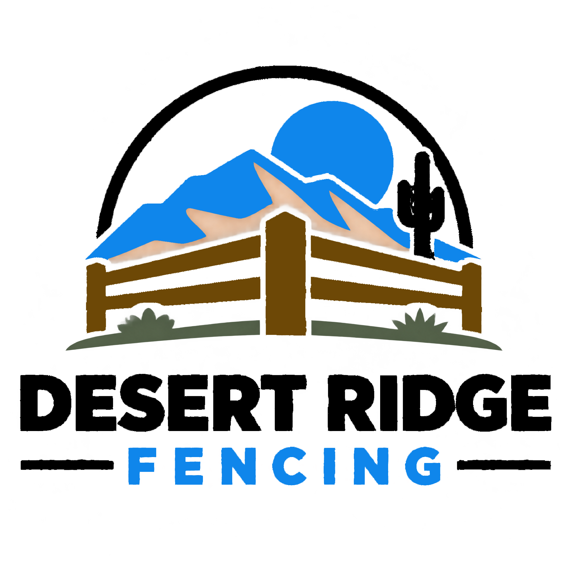 Desert Ridge Fencing logo with mountains, blue sun, cactus, and brown fence in black, blue, and tan.
