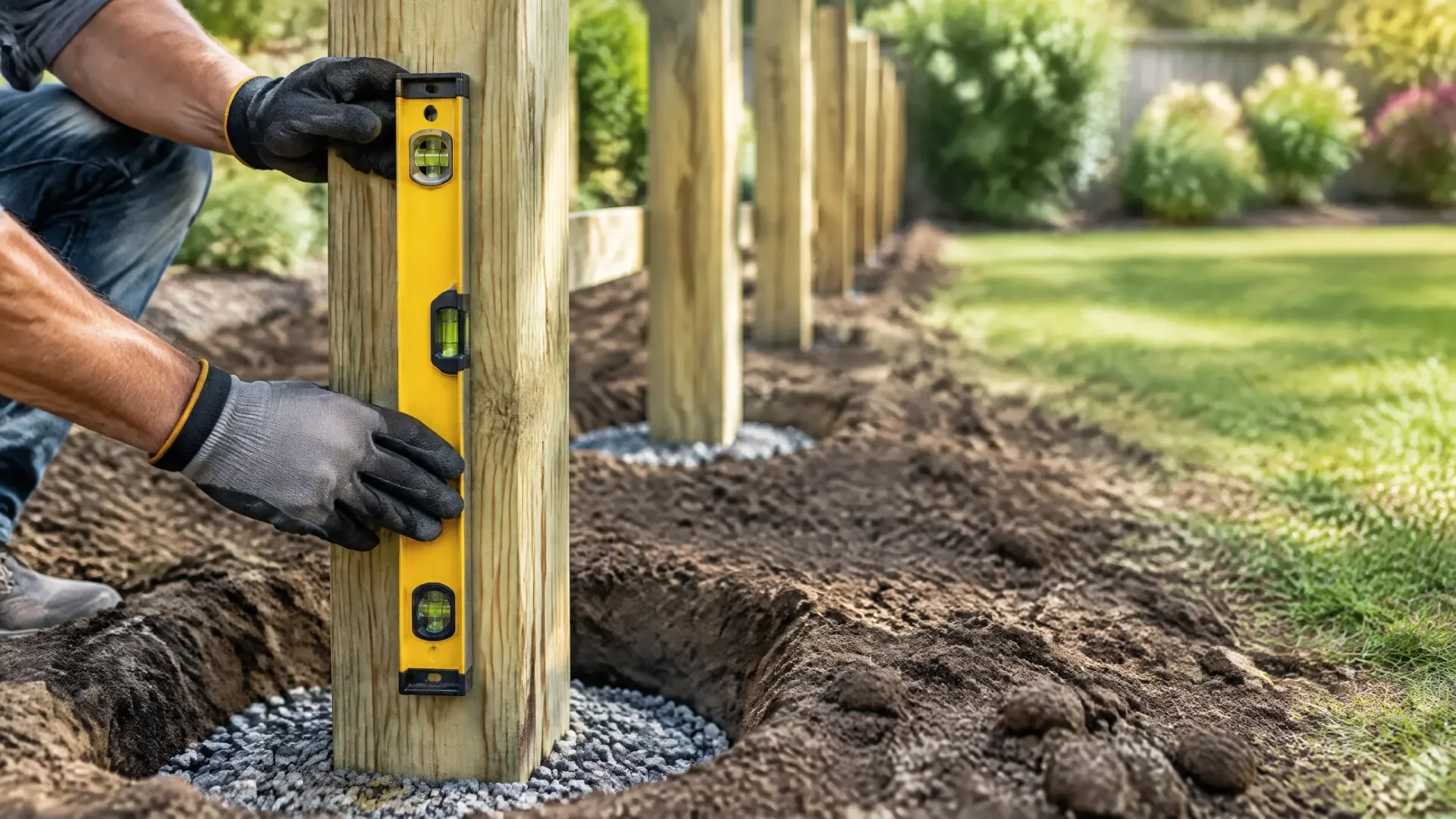 Worker using a yellow level to align wooden fence posts in a garden