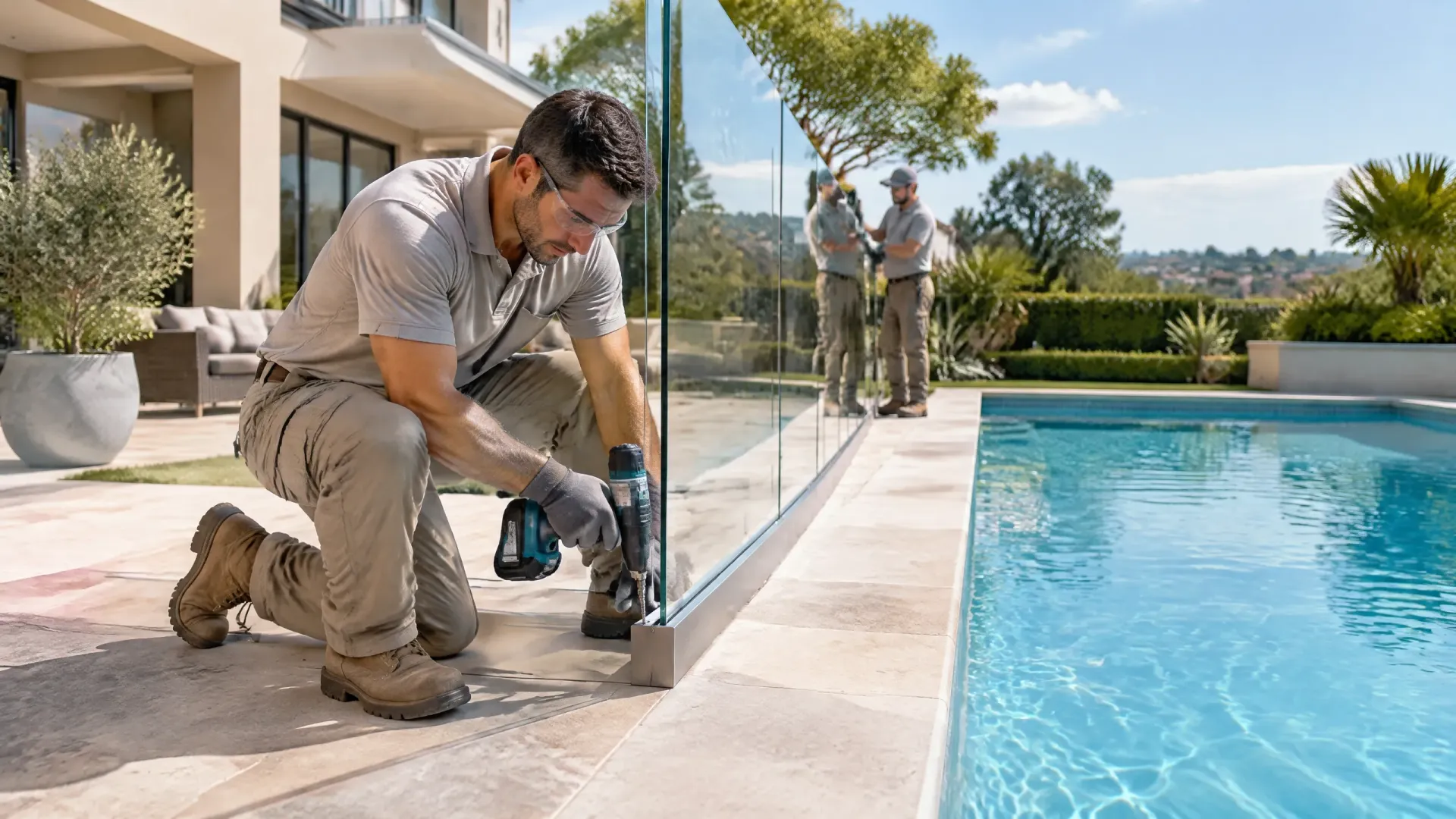 Worker installing a glass pool fence beside a backyard swimming pool, with another worker in the background