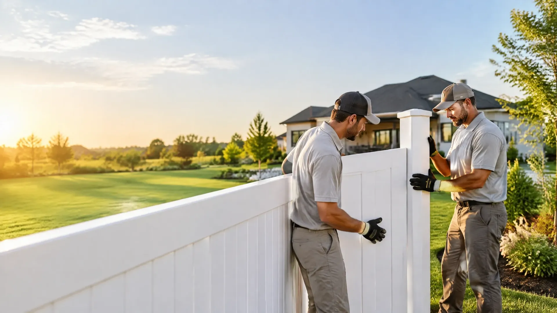 Two workers install a white fence beside a house at sunset.