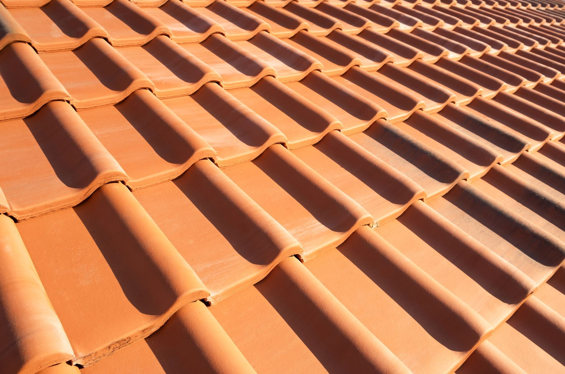Orange terracotta roof tiles arranged in neat diagonal rows under bright sunlight