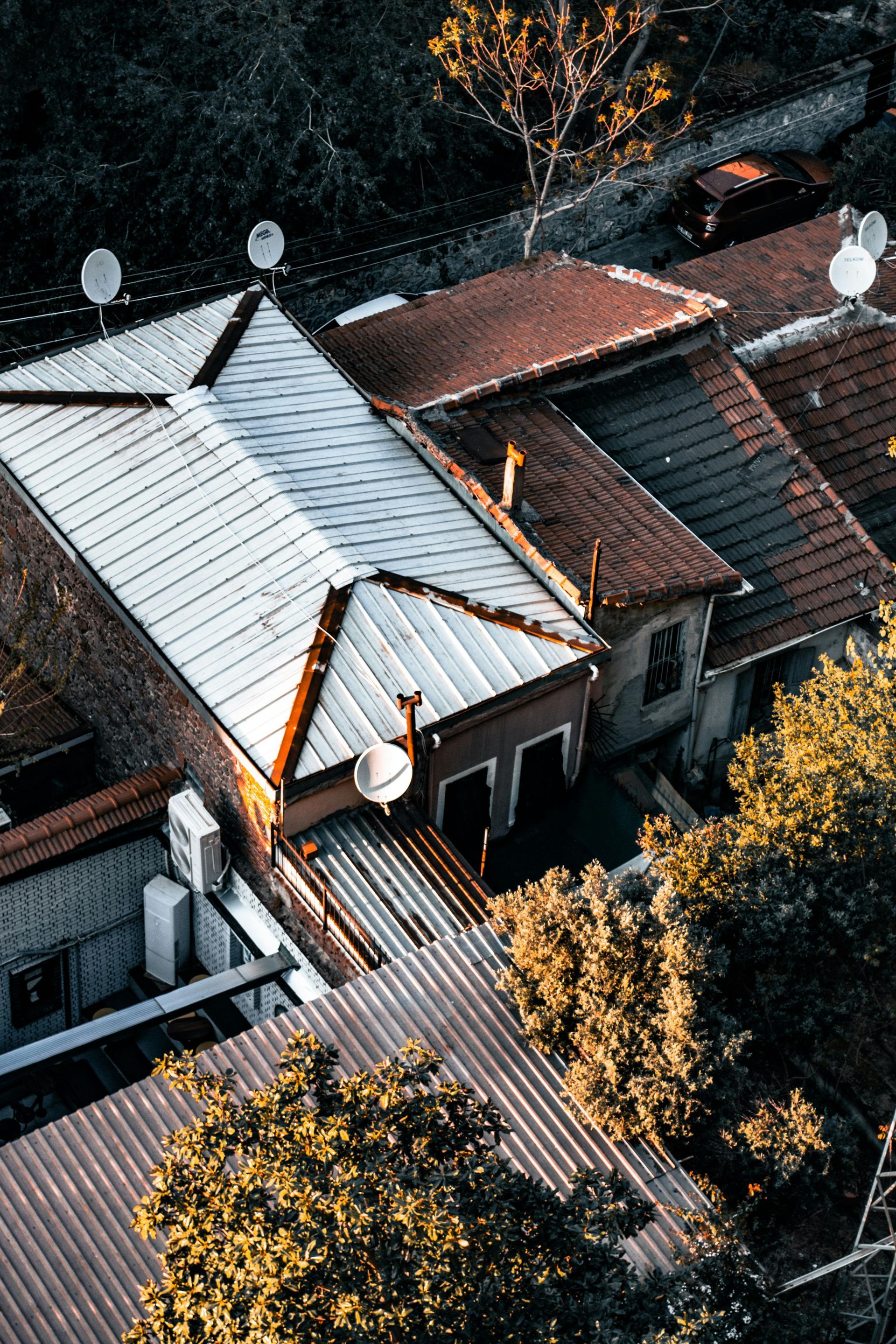 Aerial view of houses with red and white roofs surrounded by trees in autumn light