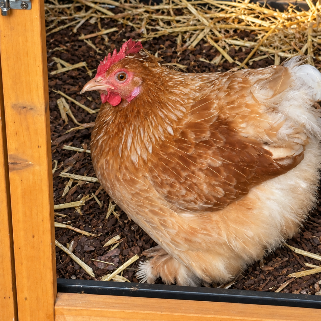 Bella Brown chicken standing on a porch beside bowls of feed and water