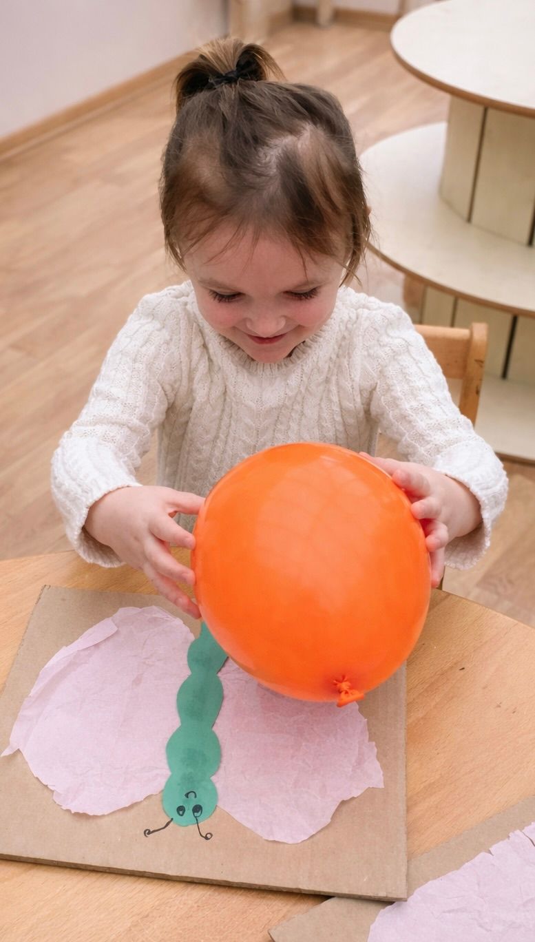 Child making a balloon craft with orange balloon and pink paper on the floor