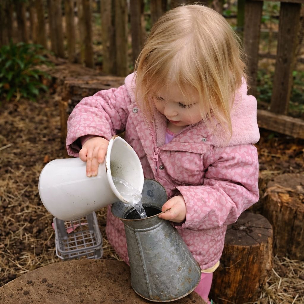 Child in a pink jacket pouring water from a white pitcher into a metal kettle outdoors