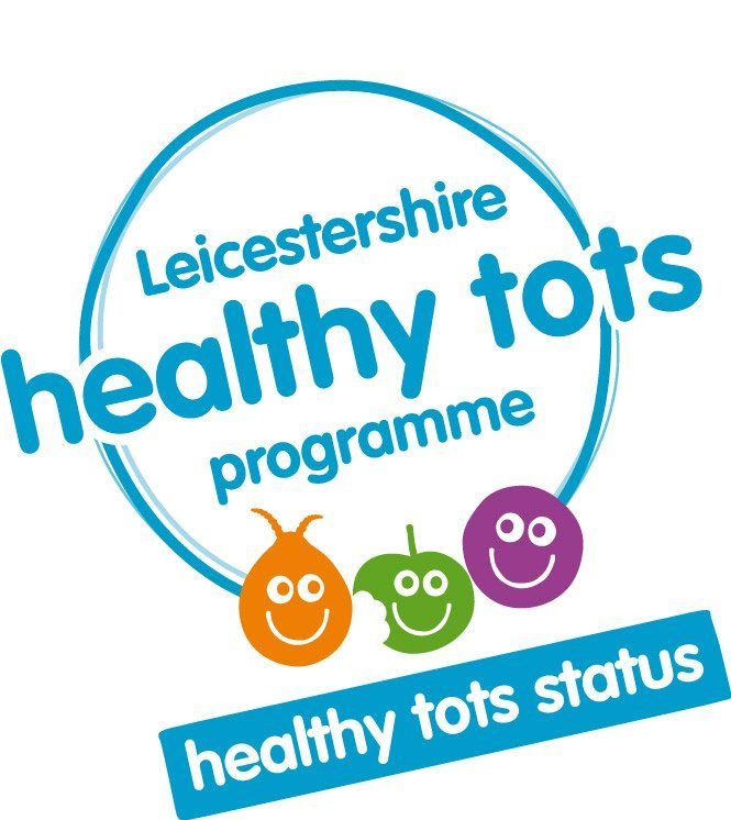 Leicestershire Healthy Tots programme logo with three smiling cartoon faces and “healthy tots status” banner