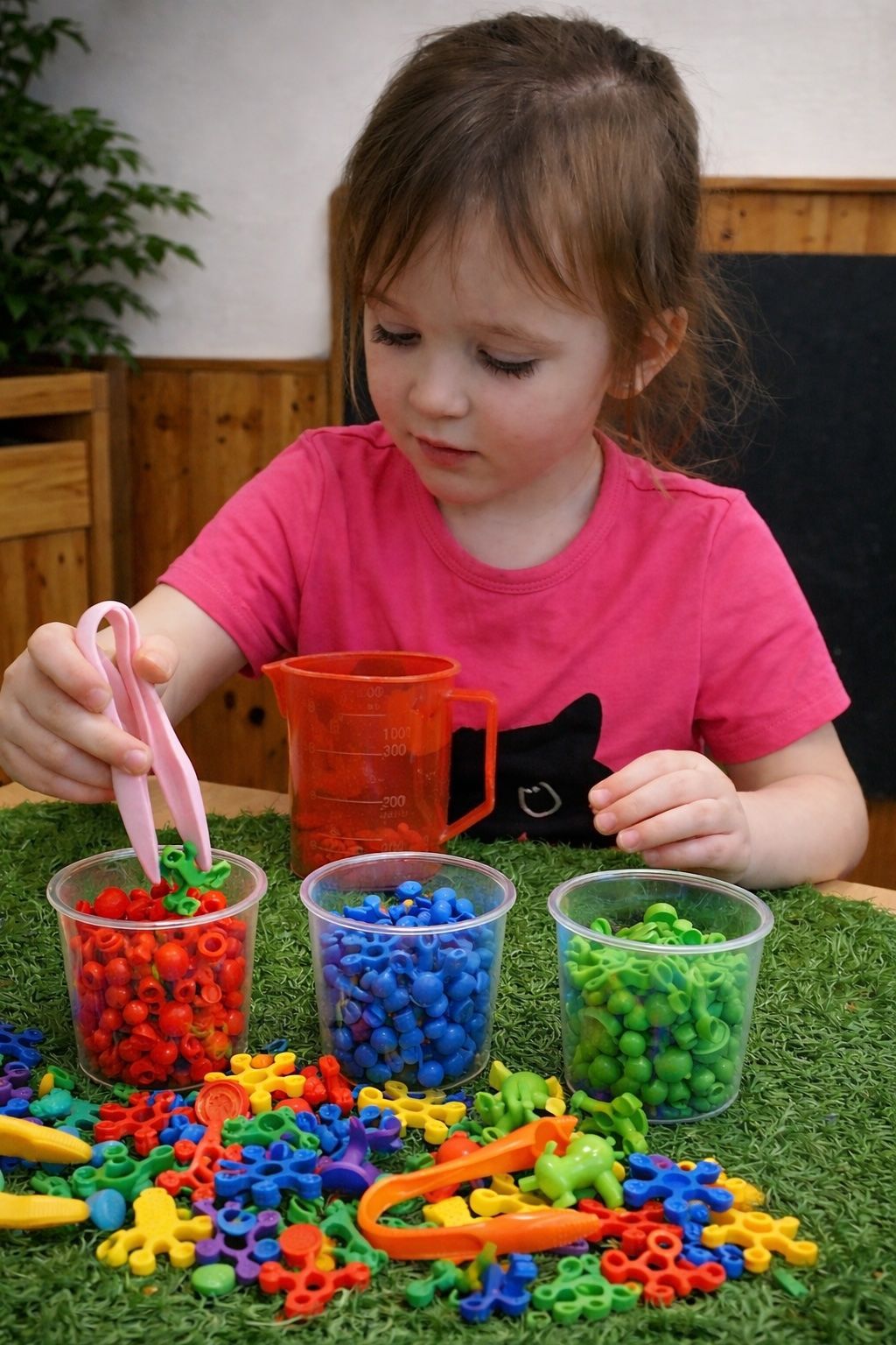 Child playing with colorful toy pieces at a table, using a pink scoop and clear cups of red, blue, and green pieces.