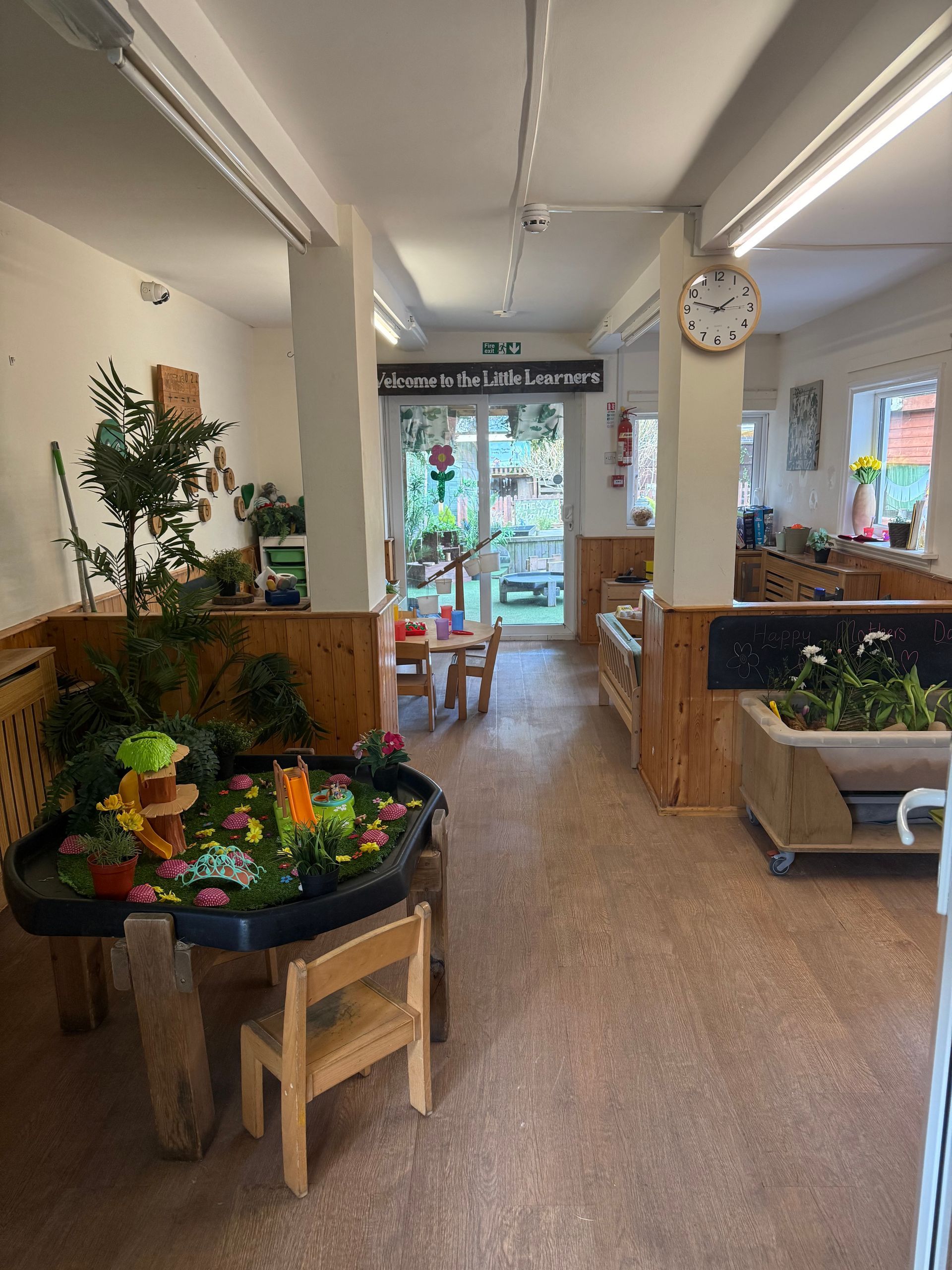 Flower shop interior with colorful potted plants, wooden displays, and a glass entrance door