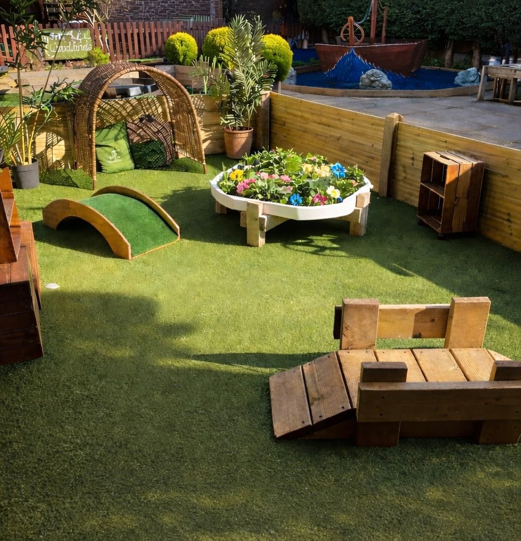 Backyard playground with wooden arches, flower planter, and small outdoor seats on grass