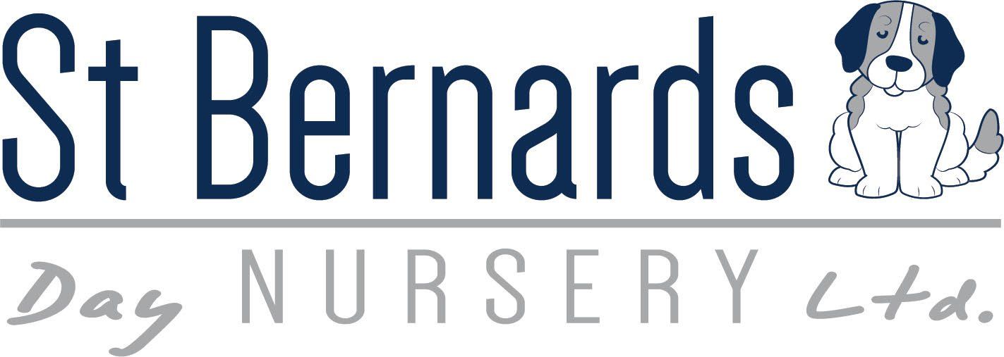 St Bernards Day Nursery Ltd logo with navy text, gray script, and a puppy illustration