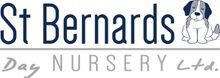 St Bernards Day Nursery Ltd logo with navy text, gray script, and a puppy illustration