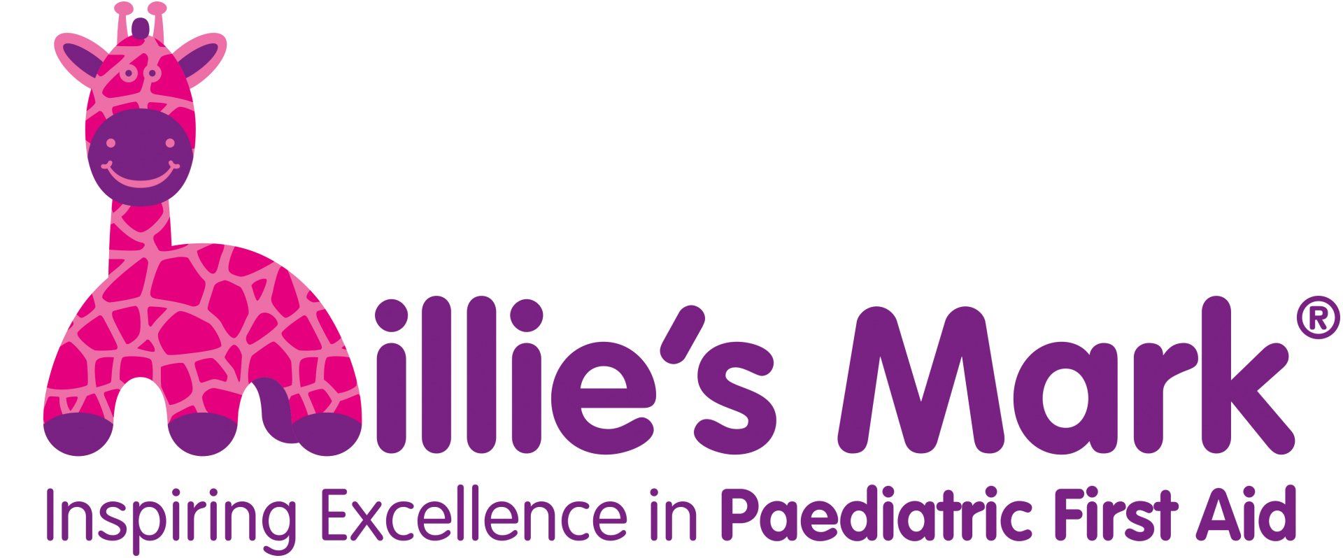 Millie's Mark logo with pink giraffe and purple text, “Inspiring Excellence in Paediatric First Aid”