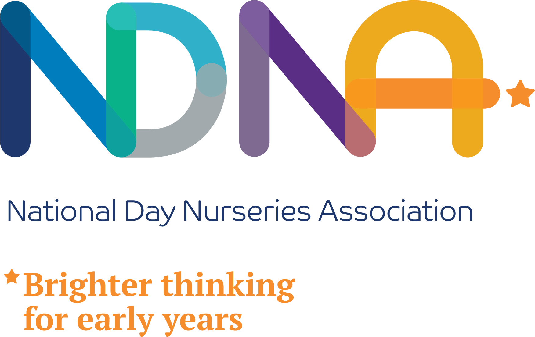 NDNA logo in blue, gray, purple and orange with “National Day Nurseries Association” and “Brighter thinking for early years”