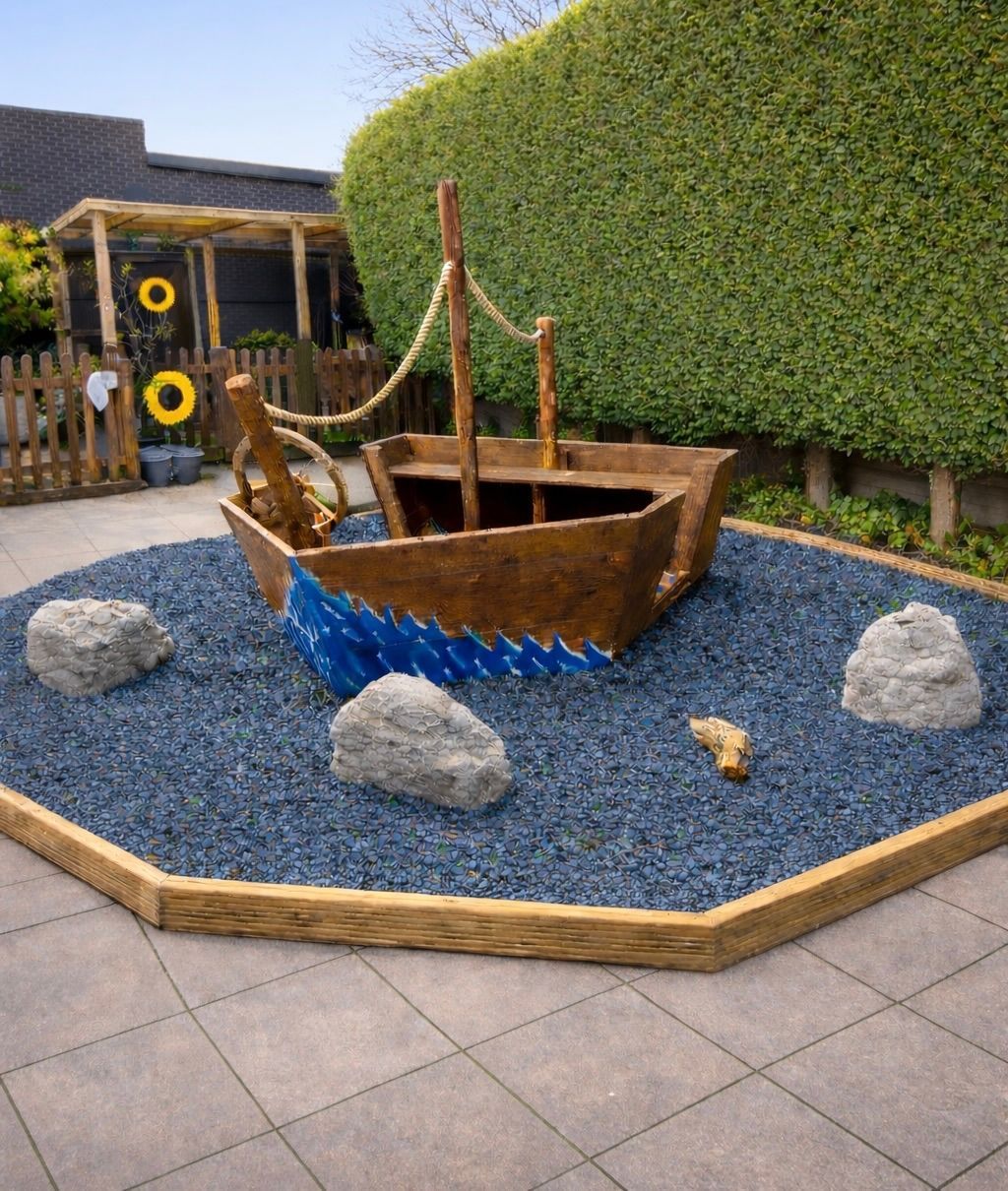 Rustic wooden boat display in a pebble garden bordered by rocks and a trimmed hedge