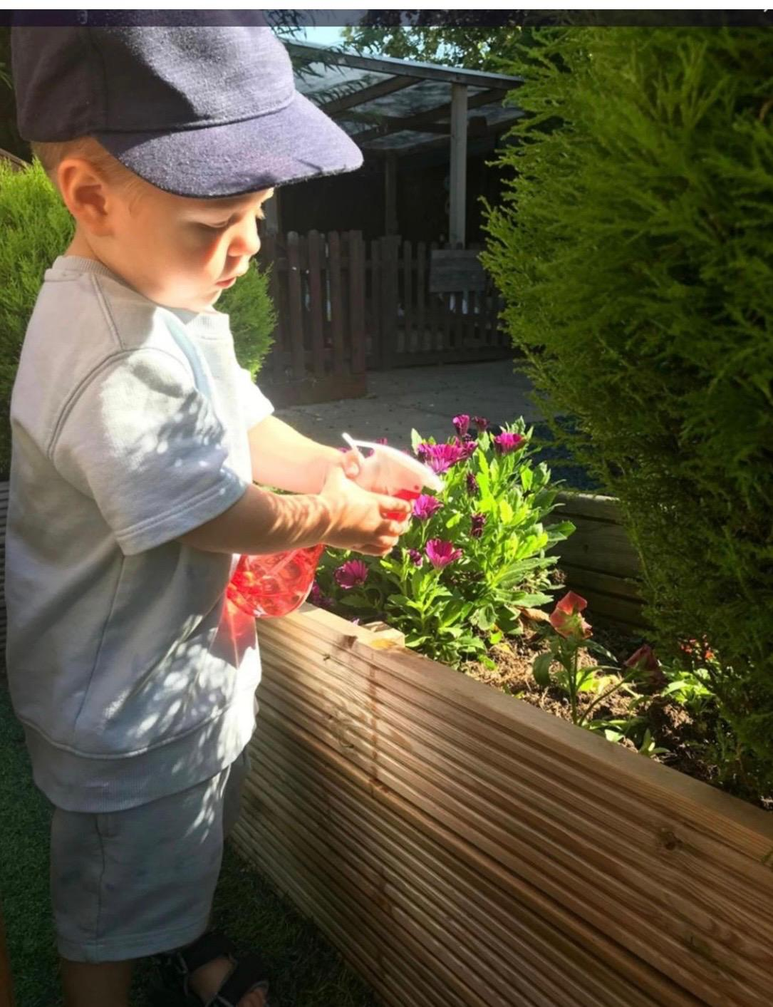 Child in a cap tending pink flowers in a wooden planter outdoors