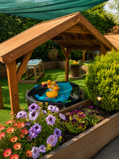 Wooden garden playhouse with a small fountain, surrounded by purple and pink flowers and greenery